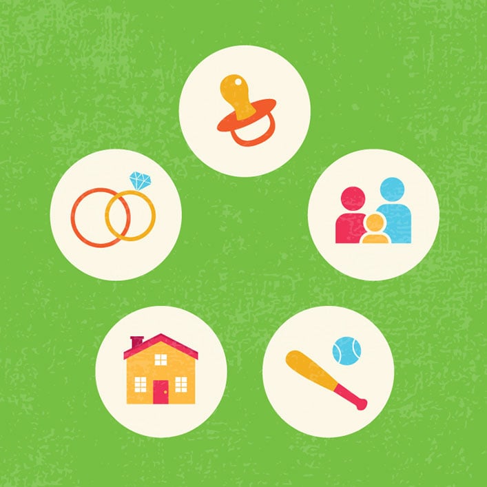 Un fondo verde con iconos de una familia, una casa, un pelota de béisbol y un bebé.