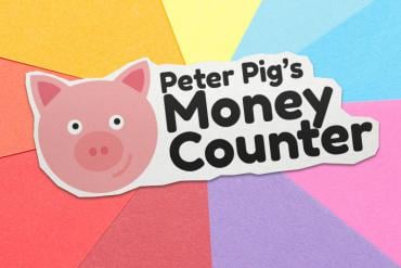 Logotipo del contador de dinero de Peter Pig sobre un fondo vibrante. Una juguetona mascota de cerdo rodeada de símbolos de dinero y elementos coloridos.