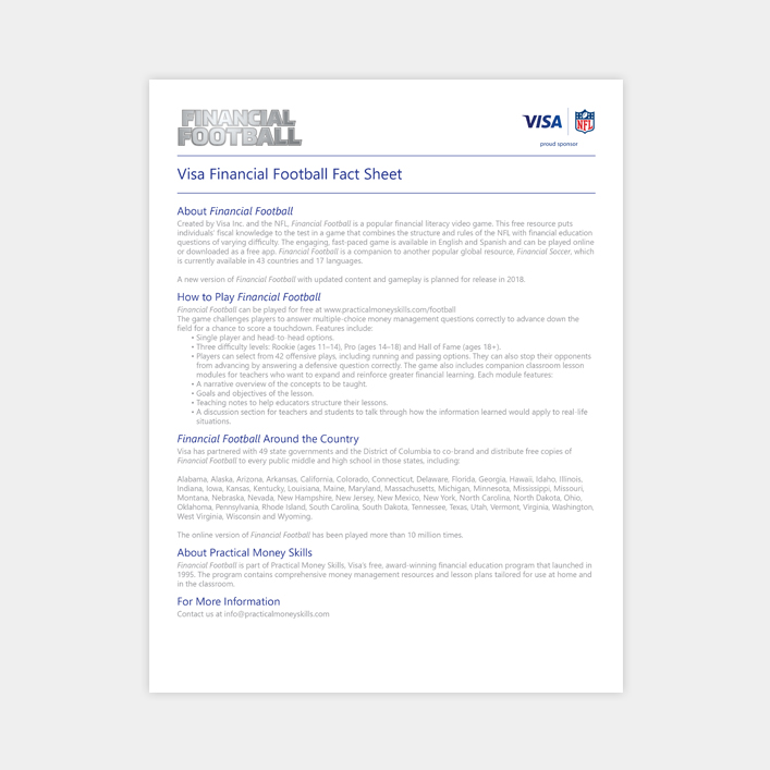 visa financial football face sheet pdf