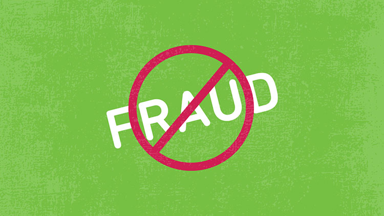 Un círculo rojo con la palabra "fraude" sobre un fondo verde, que representa el concepto de actividades fraudulentas.