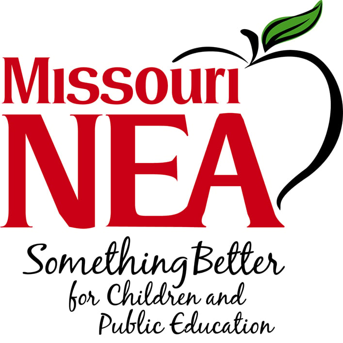 Missouri NEA logo: A circular emblem featuring the acronym "NEA" in bold letters, surrounded by a blue border with the state of Missouri outlined in white.